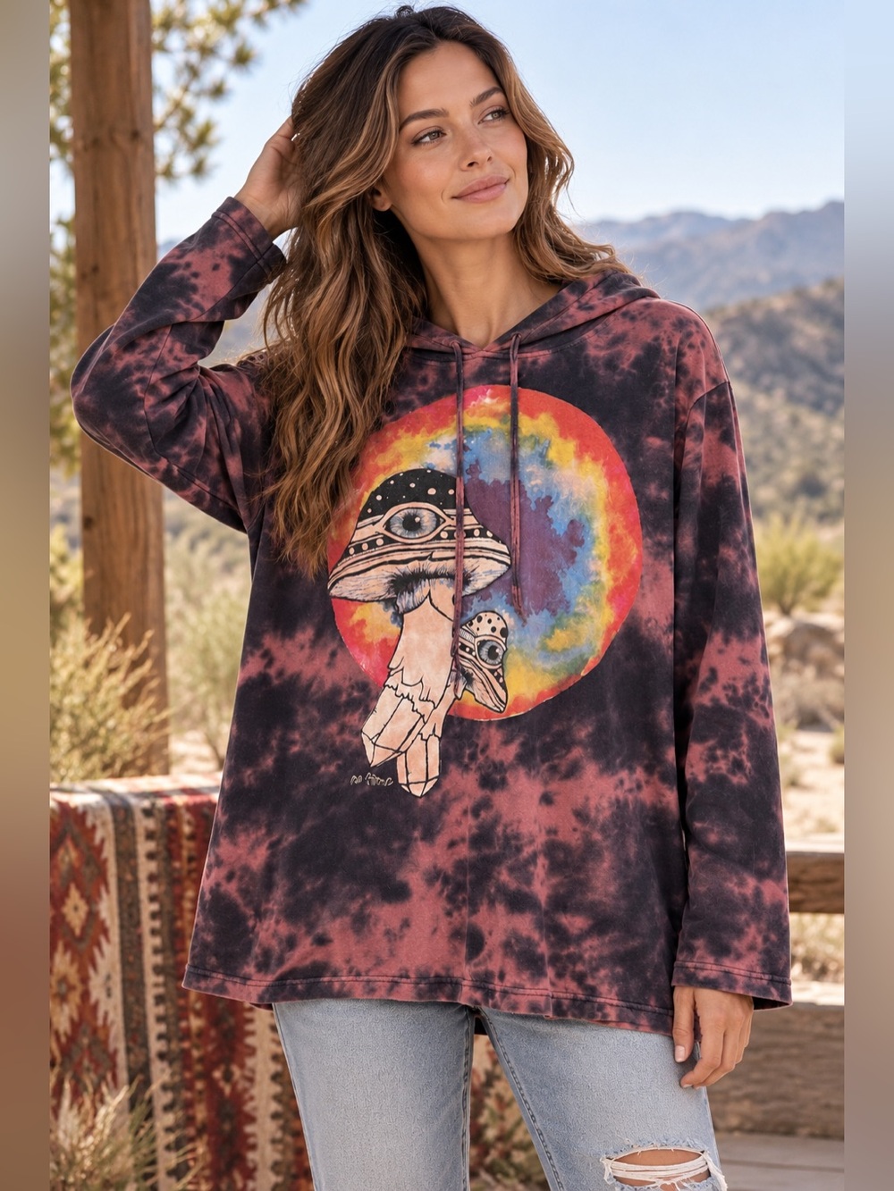 Kathmandu Imports Mushroom Third Eye Tie Dye Hoodie Boho Festival L Hippie Y2K